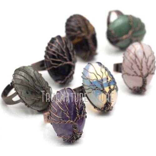 5Pcs RM18004 Black Antique Bronze Plated Dog Tooth Amethyst Rose Quartz Aventurine Tiger Eye Opal Onyx Wire Wrapped Oval Ring