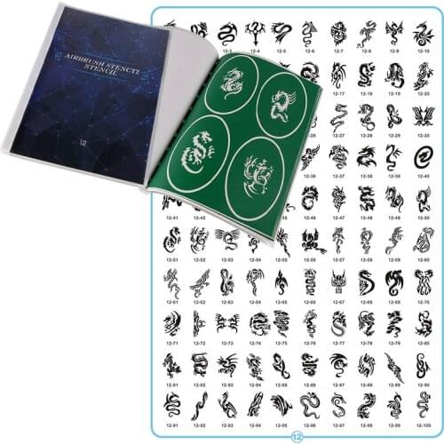 Airbrush Tattoo Stencils Set Book #12 Contains 100 Pcs Reusable Adhesive Temorary Drawing Tattoo Stencil Dragon For Boys Girls