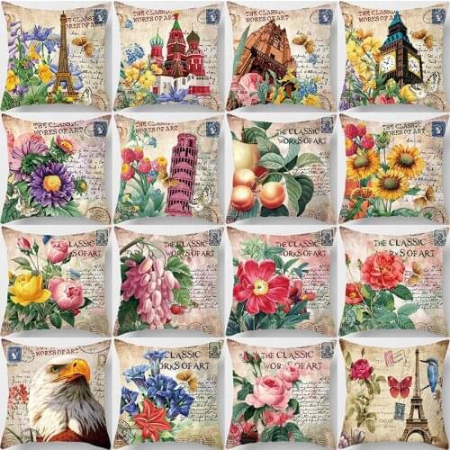 US europe vintage architecture oil painting flowers birds pillow cases short plush high quality square thick pillow case covers