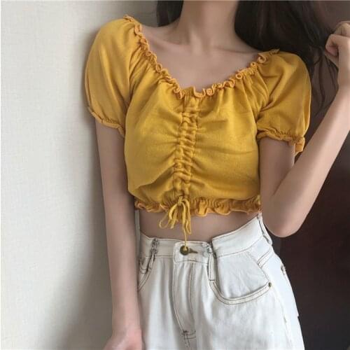 Blouses Women Sexy Slim Crop Top V-neck Solid 6 Colors All-match Korean Style Fashion Clothing Soft Summer Ladies Womens Shirts