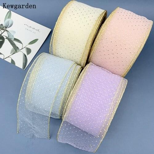 Kewgarden Wholesale 7CM Gold Dot Edge Voile Ribbons DIY Bows Hair Accessories Handmade Tape Carfts Flower Gift Packing 22 Yards