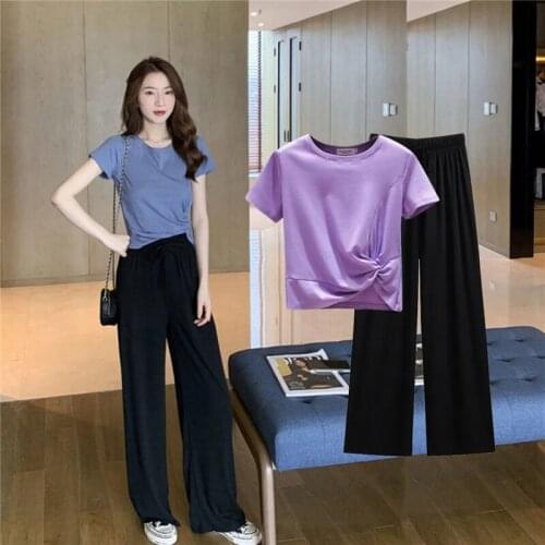 2021 Summer Girl Suit Harajuku Female Student Short-Sleeved Solid Color T-Thirt + Wide-Leg Pants Suit Women Two-Piece Set L707