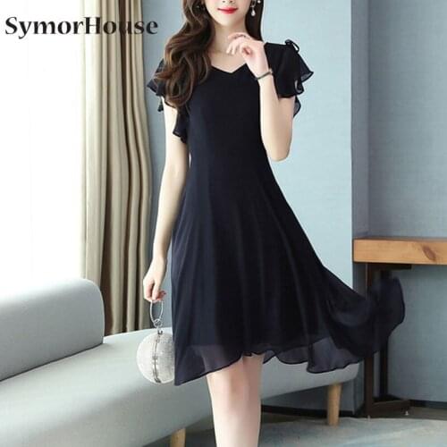 2021 Fashion Plus Size 3XL Black Women Dress Casual irregular Slim Chiffon Red V-neck A-line Dresses Womens Clothing