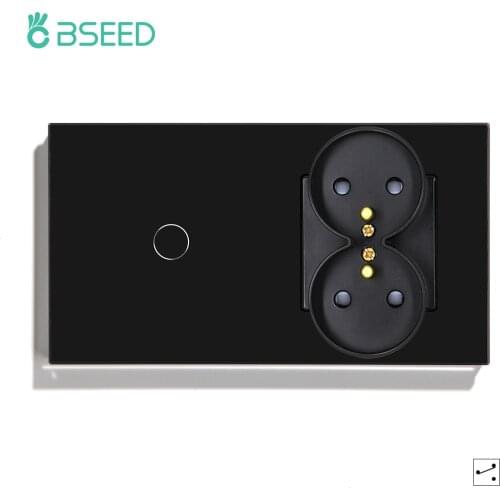 BSEED France Standard 16A Wall Socket Touch Switch Glass Panel France Socket with 1/2/3 Gang 2 Way Wall Light Switch