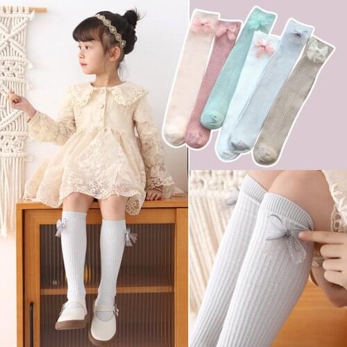 Girls Double Needle Colorful Bowknot Calf Socks Spring and Autumn Pure Cotton Baby Soft Long Socks Summer Mosquito Socks