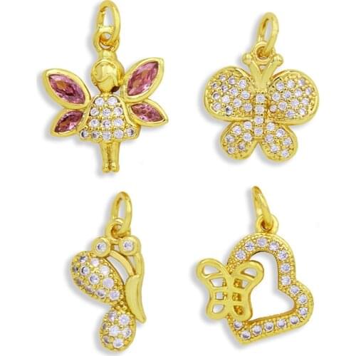 OCESRIO Designer Brass CZ Tiny Fairy Charms for Jewelry Making Wholesale Cute Gold Butterfly Heart Small Earring Charms pdta309