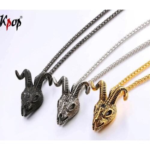Kpop Necklace Antelope/Goat Head Sheep Skull Stainless Steel Pendant With Chain Gold/Black Color Animals Jewelry Necklaces P2711