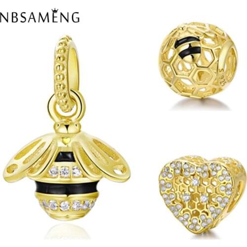 Authentic 100% 925 Sterling Silver Golden Shine Queen Bee Necklace Pendant Charm Fit Original Bracelet DIY Jewelry