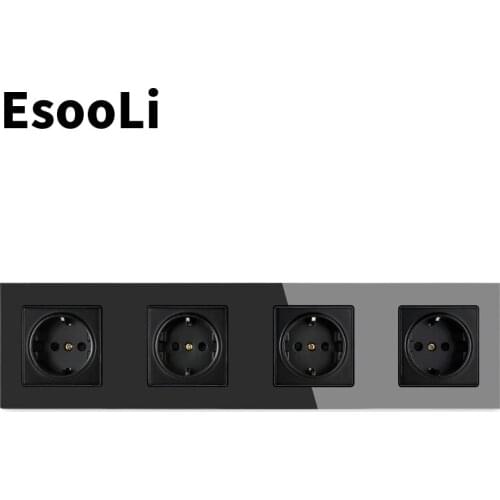 Esooli Black EU Standard 4 Gang Crystal Glass PanelWall Socket 344*86mm Power Socket Plug Grounded 16A Black Electrical Outlet