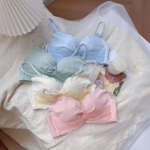 Comfortable Gathering Sexy Underwear Suit Push Up Bra Ring-Free Lace Wave One-Piece Seamless Bra+Panties Set Lingerie Female