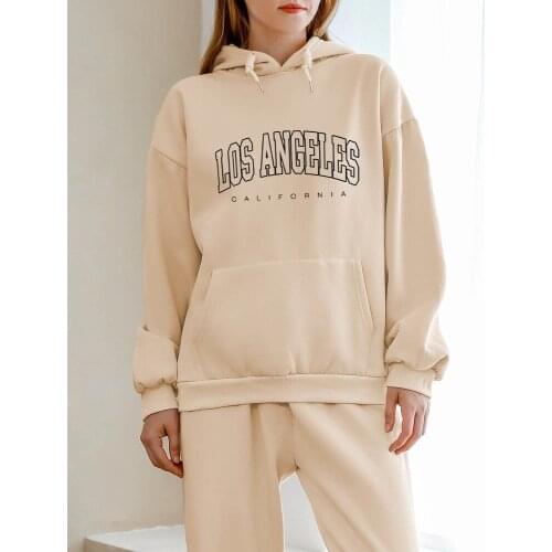 Fashion Slogan Graphic Los Angeles Print Streetwear Oversized Letter Hoodie Cotton Sweatshirt with Pocket Winter Clothes Women