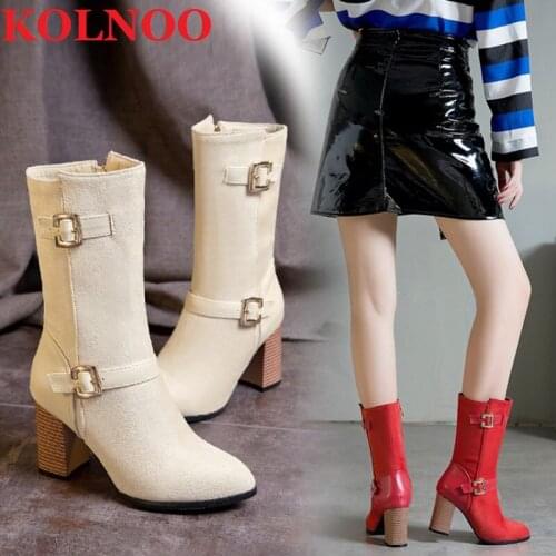 KOLNOO New Handmade Ladies Chunky Heels Boots Buckles-Decos Four Colors Warm Midcalf Booties Evening Party Fashion Winter Shoes