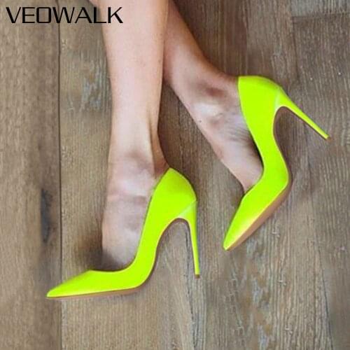 Veowalk Solid Yellow Green Patent Women Pointed Toe Stiletto Pumps Ladies Wedding Party High Heel Shoes Small Size 33 44 45