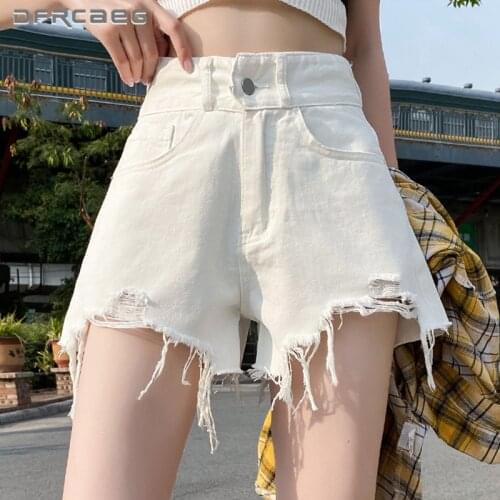 White Ripped Hole Summer Denim Shorts For Women 2021 High Waist Streetwear Loose Retro Short Jeans Feminino