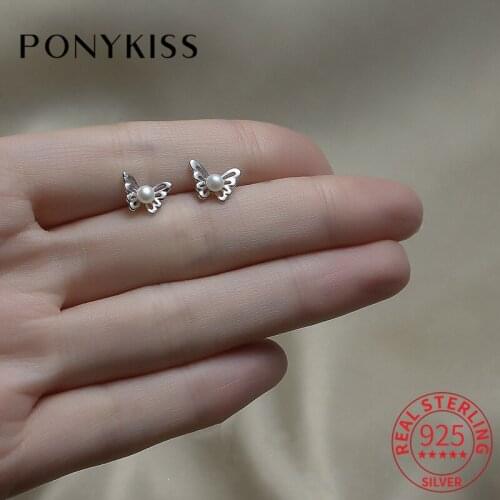 PONYKISS 100% S925 Sterling Silver Butterfly Zircon Pearl Stud Earrings For Women Lovely Party Fine Jewlry Elegant Accessory