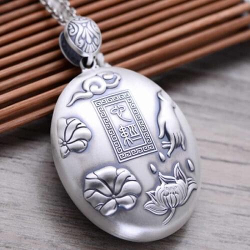 Hot sale S925 Silver Pendant Carved Lotus Oval Necklace Pendant S925