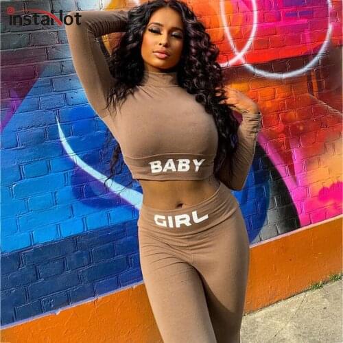 InstaHot women two pieces tracksuit set letter printed long sleeve legging skinny crop tops autumn fitness womens set 2020