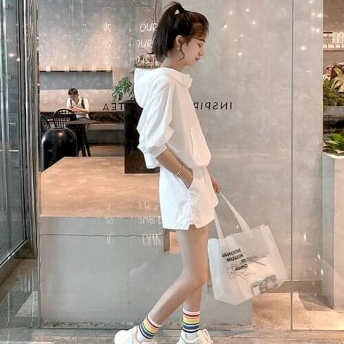 2021 Summer New Womens Suit Sports Suit Korean Loose Thin Hoodies Hollow Pocket Hoodies Casual Shorts Two Piece Set Simple Sets