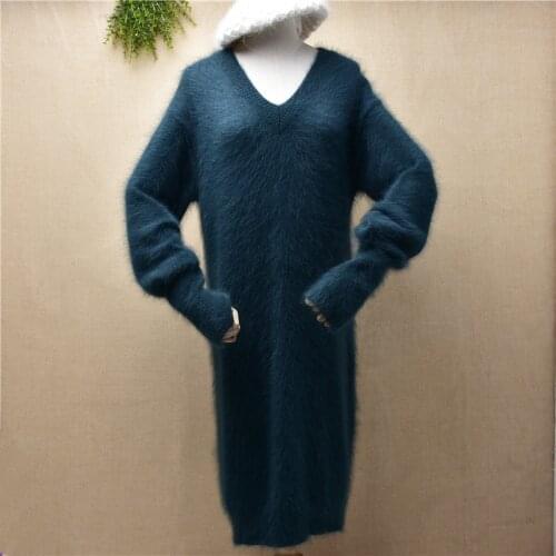 Top quality female women winter hairy mink cashmere knitted v-neck long sleeves long pullover dress angora fur jumper sweater