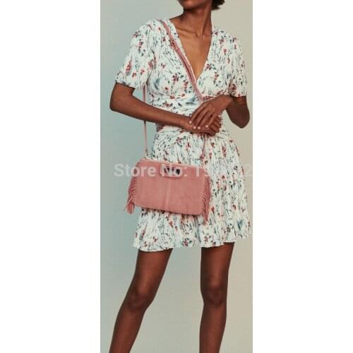 ElfStyle Floral Print Deep V Neck Mini Dress With Pleated Detail - Women New Dress