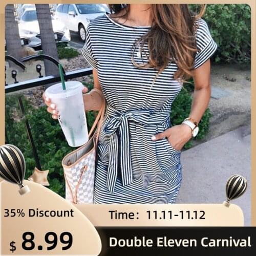 Casual Stripe Women Tshirt Dress Elegant O Neck Short Sleeve Sashes Pocket Black Pink Sundress Cotton Summer Midi Dress Vestidos
