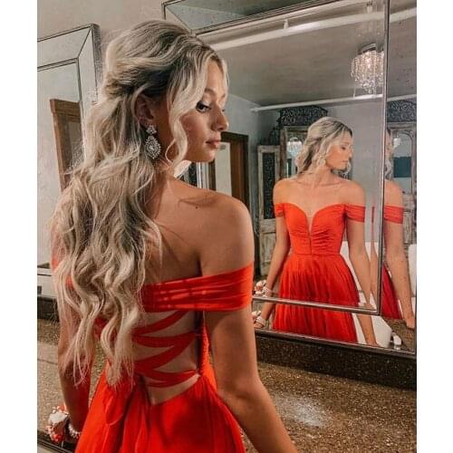 VKBRIDAL Womens V-Neck off Shoulder Prom Dresses with Pleats Long Orange Criss-cross Formal Evening Wear Homecoming Party Gowns