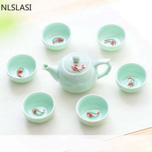7pcs\lot Celadon Fish Tea Set Set Personality Tea set Teapot Tea Cup Travel Portable Tea Set Household Drinking Set NLSLASI