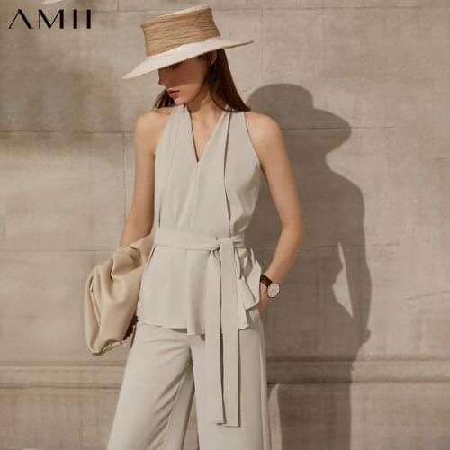 Amii Minimalism Summer New Womens Set Fashion Soild Halter Belt Womens Blouse Causal High Waist Womens Pants 12140177