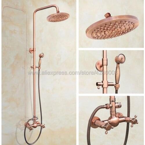 Antique Red Copper Wall Mounted Bathroom Shower Faucet Set 8" Rain Shower Head + Hand Spray Krg523
