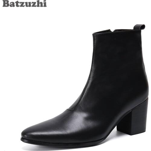 Batzuzhi 7.5cm High Heels Formal Black Leather Boots Men Pointed Toe Mens Boots Business Gentleman botas hombre Party Boots Men
