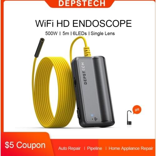 DEPSTECH Upgrade 5.0MP HD Wireless Endoscope WiFi Borescope 16 inch Focal Distance Semi-Rigid Snake Inspection Camera for iOS