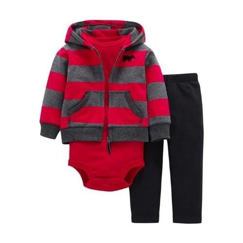 Baby clothes suit long-sleeved cotton hooded jacket stripes + rompers + pants, newborn boys and girls 6-24M