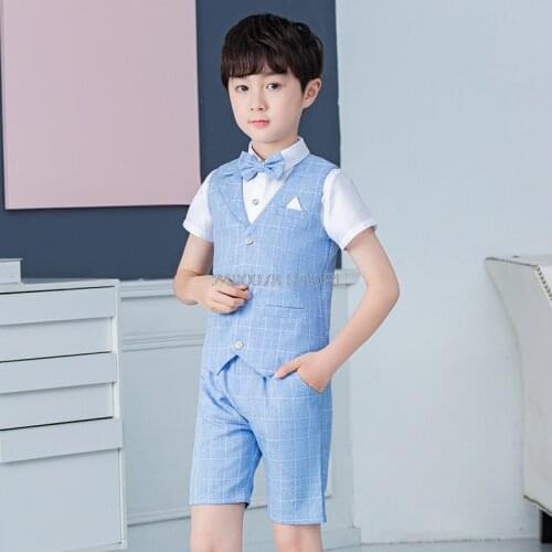 Kids Summer Vest +Shorts 2Pcs Suit Flower Boys Formal Birthday Tuxedo Dress Top Quality Kids Host Dance Suit Clothing Set
