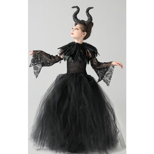 Kids Maleficent Evil Black Gown Tutu Dress with Feather Shawl Gothic Halloween Dress Up Costume Kids Royal Dark Queen Dresses
