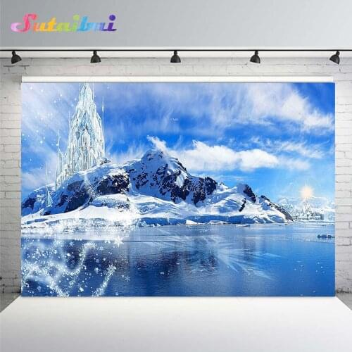 Girl Birthday Frozen Background Winter Snow Ice Castle Mountain Photography Backdrop Princess Party Decoration Cake Table Banner