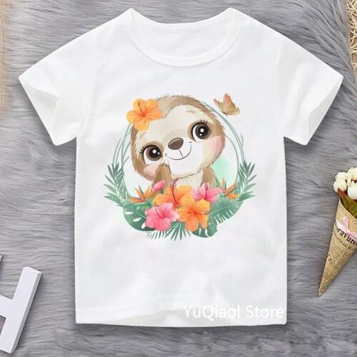 Cute Cartoon Sloth With Flowers Print Funny T Shirts Summer Kids White Short Sleeve Top For Girls Boys Clothes Children T-Shirts