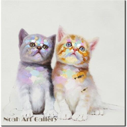 Lovely Two Cats Acrylic Oil Painting Heavy Texture Colorful Modern Cat Oil Paintings Abstract Canvas Wall Decor Art Unframe