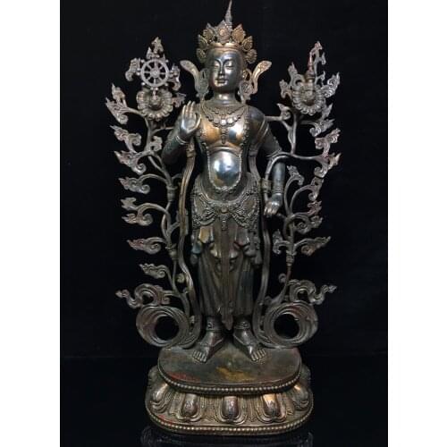 23"Chinese temple collection Old Bronze Cinnabar Lacquer Maitreya Bodhisattva Maitreya Standing Buddha Ornaments Town House