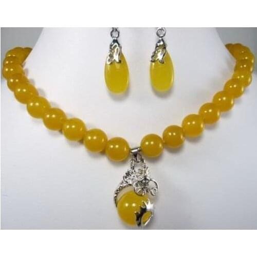 Unique Jade Jewelry Pretty 10MM Yellow Color Jade Necklace Earrings Fine Women Jewelry Set Birthday Party Wedding Gift