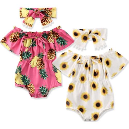 Pudcoco Baby Summer Clothing Newborn Baby Girl Flower Clothes Off Shoulder Bodysuit Headband Pineapple Sunflower Outfits Set