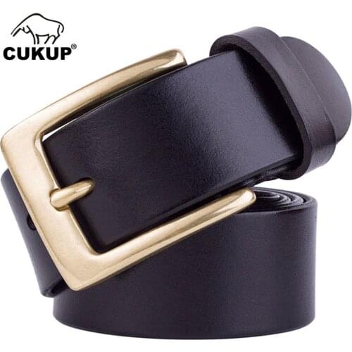 CUKUP Quality Real 100% Pure Cow Skin Genuine Leather Belts Solid Brass Pin Buckle Metal Belt for Men Jeans Accessories NCK121