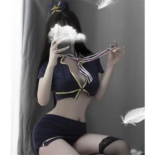 New Sexy Blue Flight Attendant Uniform lingerie Set Role Play Cosplay Stewardess Secretary Costumes Short Hip Skirt Hat Suit