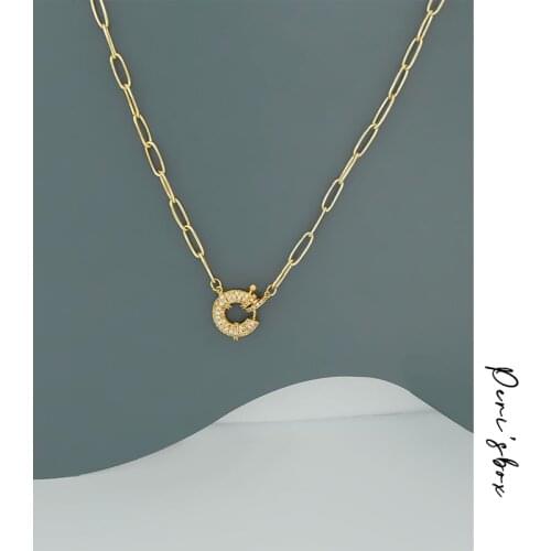 PerisBox Gold Color Rectangle Link Chain Necklace With Sparkly Circle Zircon Pendant Romantic Paperclip Necklaces For Party