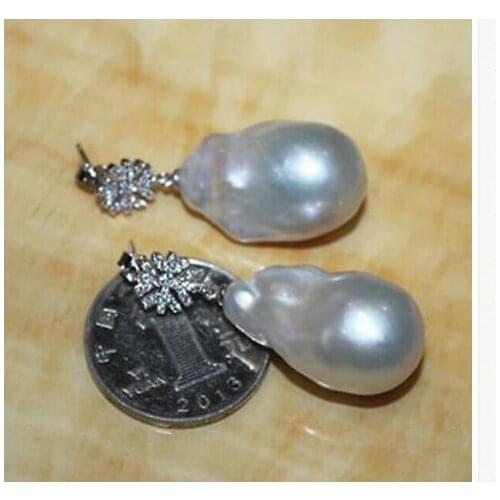Stunning pair of 25-28mm baroque silver grey pearl earring 925s