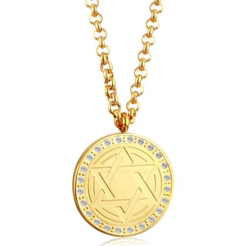 Simple Retro Titanium Steel Hexagonal Star Geometric Disc Diamond Stainless Steel Electroplating Pendant Necklace Couple Accesso