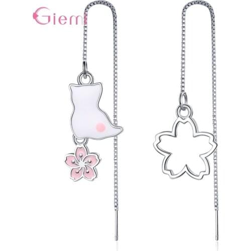 Silver Asymmetry Little Cat Flower Pattern Earrings Drop 925 Sterling Silver Drop Earrings For Women Wedding Engagement Jewelry