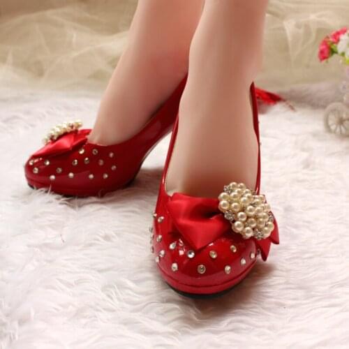 8CM high heels red pumps shoes for woman NQ283 luxury beautiful handmade pearls bow butterfly-knot proms dress pumps women