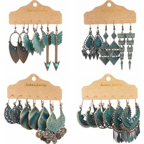 Vintage Bronze Irregular Geometric Triangle Arrow Tassel Dangle Earrings Set For Women Boho Retro Alloy Indian Jhumka Earrings