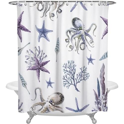 Ocean Watercolor Creatures Starfish Octopus Shower Curtain Waterproof Polyester Fabric Shower Curtains Home Decor Curtain