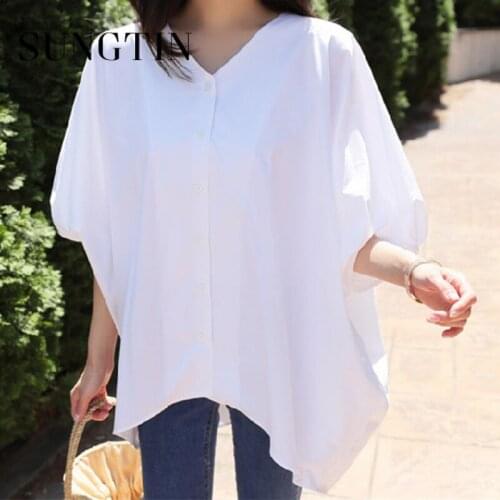 Sungtin Solid Batwing Sleeve Oversized Blouse Shirt Women White Cape Type Chic Loose Shirts Butterfly V Neck Half Sleeve Blouses